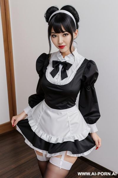 Black maid dress, white frilled headpiece, white apron with black bow, black long-sleeve dress, detachable white collar , black thigh high stockings (nylon) - ai-porn.ai on pornintellect.com