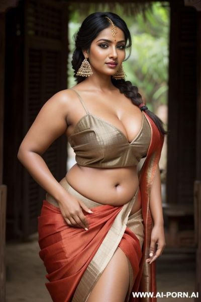 Indian woman, busty, sexy sari, outdoors village, cleavage, thick, skimpy top, darker skin - ai-porn.ai - India on pornintellect.com