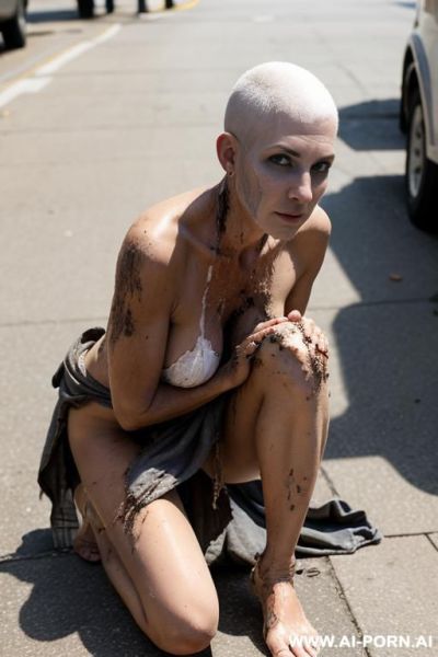 Solo, shaved hair, dirty white skin, dirty rags on, on her knees, town center, street - ai-porn.ai on pornintellect.com