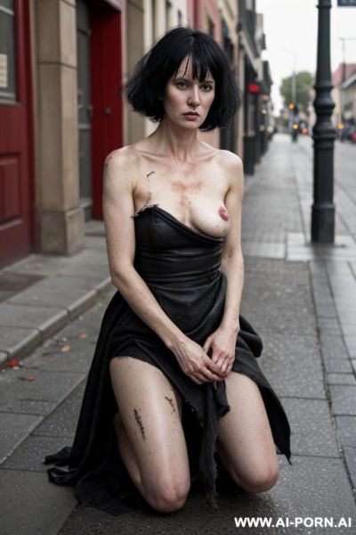 Solo, shaved black hair, fair-skinned redhead, dirty rags, on her knees, hands on knees, town center, street - ai-porn.ai on pornintellect.com