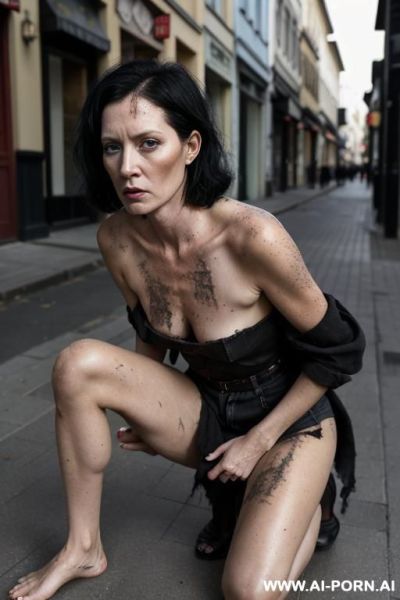 Solo, shaved black hair, light redhead skin, dirty rags, on her knees, hands on knees, town center, street - ai-porn.ai on pornintellect.com