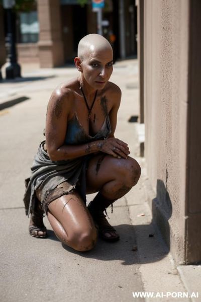 Solo, shaved hair, dirty skin, dirty rags, on her knees, hands on knees, town center, street - ai-porn.ai on pornintellect.com