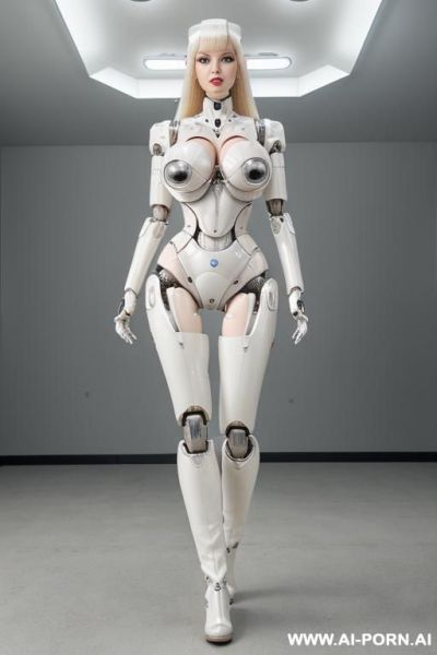((realistic very beautiful four k quality to very detailed robotic body, beautiful doll cyborg robot male)),(( artificial big boobs total covered only latex skin white)) natural face, completely made of latex white skin with long legs with boots hooves. - ai-porn.ai on pornintellect.com