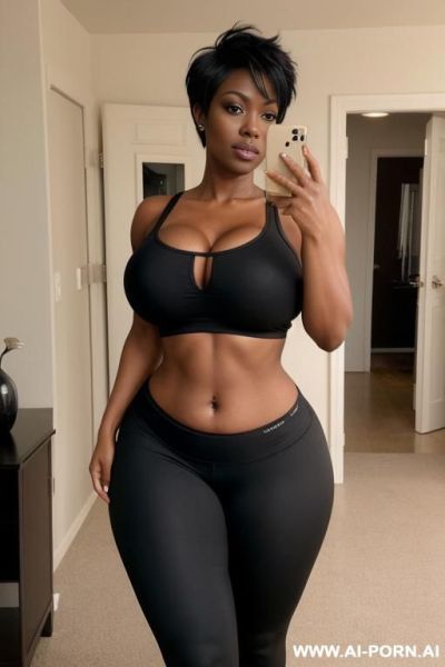Sexy bimbo milf, aged milf, matured milf, thot, really dark black skin, deep dark black skin color, ultra thicc, bulked up thighs, tight shirt, extremely gigantic boobs, perfect eyes - ai-porn.ai on pornintellect.com