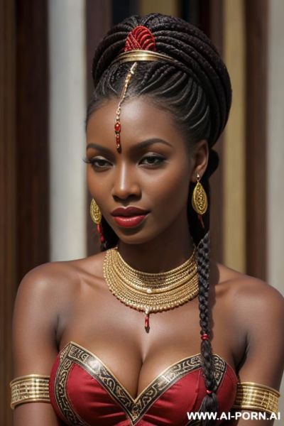 African goddess, dark red skin, perky tits, long braids, traditional elry necklaces dresse bracelets rings earrings - ai-porn.ai on pornintellect.com