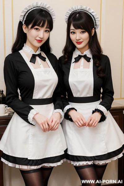 Maid uniform, maid cafe, many maid in pictures, white frilled headpiece, white apron with black bow, black long-sleeve dress, detachable white collar , black thigh high stockings (nylon) - ai-porn.ai on pornintellect.com