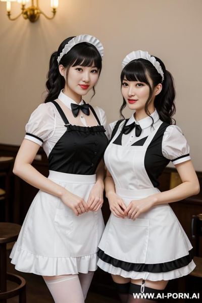Maid uniform, maid cafe, many maid in pictures, white frilled headpiece, white apron with black bow, black short-sleeve dress, detachable white collar , black thigh high stockings (nylon) - ai-porn.ai on pornintellect.com