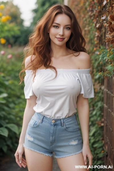 Beautiful, caucasian, 30, flowing wavy hair, chestnut hair, white skin, natural boobs, slight smile, standing, spreading legs, off shoulder t-shirt, denim shorts, knee high socks, blurred background, walled garden background. - ai-porn.ai on pornintellect.com