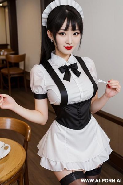 Maid uniform, maid cafe, many maid in pictures, white frilled headpiece, white apron with black bow, black short-sleeve dress, detachable white collar , black thigh high stockings (nylon) - ai-porn.ai on pornintellect.com