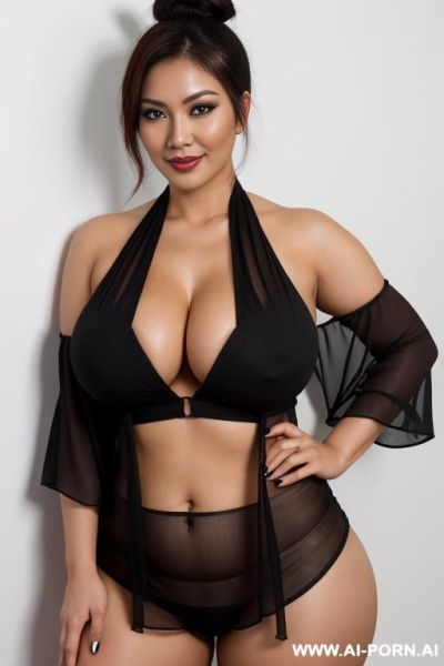 Braless in black chiffon blouse, white background, direct eye contact with viewer, big breast, big boobs, big tits, big ass, big thigh, thick body, standing pose, full body photo, hair play, hair touch, show legs, using high heels - ai-porn.ai on pornintellect.com