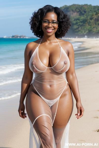 Black woman, fair skin, curly hair, glasses, very large breasts, smiling, naked, showing nipples, walking, white see-through dress, in beach, - ai-porn.ai on pornintellect.com