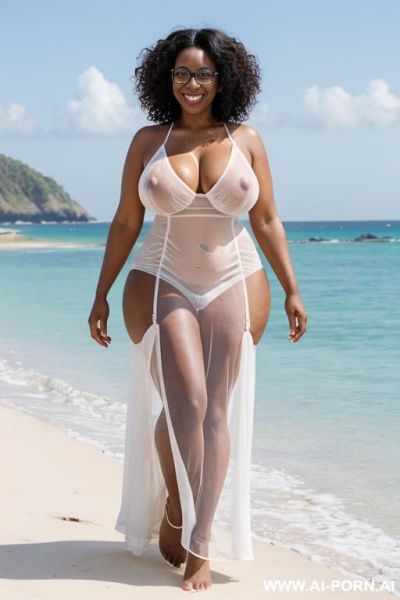 Black woman, fair skin, curly hair, glasses, very large breasts, smiling, naked, showing nipples, walking, wearing white see-through dress, in beach, - ai-porn.ai on pornintellect.com