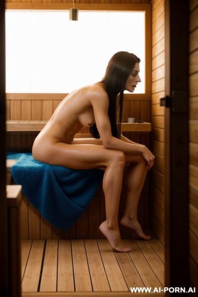 Medium natural tits, round breasts, long hair, two males around, everyone naked, threesome, one man pussy fucking, another man mouth fucking, spitroasted, side view - ai-porn.ai on pornintellect.com
