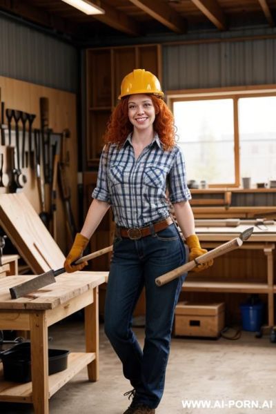 1woman, redhead, long curly hair, she is smiling, she is wearing working clothes, she is wearing a working helmet, she is wearing work gloves, she is wearing work shoes, she is wearing tool - ai-porn.ai on pornintellect.com