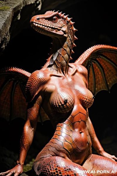 Close up, armored half mythical red reptile, mythical reptile wings, underground lava cave - ai-porn.ai on pornintellect.com