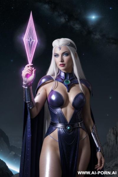 Space wizard, looking at viewer, (eye contact), front view, finely detail, majestic view, ultra detailed face, highly detailed skin, highly detailed hands, tall athletic body, ((white colored shiny - ai-porn.ai on pornintellect.com