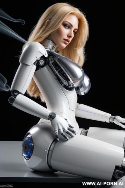 Damaged robot, side view, full body view, lying on back on lab table in robotic lab, being repaired by sexy blonde robot, straight body, straight arms, straight legs, blank expression, beautiful - ai-porn.ai on pornintellect.com
