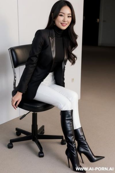 , elegant and sexy asian actress, white turtleneck covered by the black blazer, black bootcut long flared slacks, smile, eye contact looking at viewer, sitting on the chair, perfectly and - ai-porn.ai - Poland on pornintellect.com
