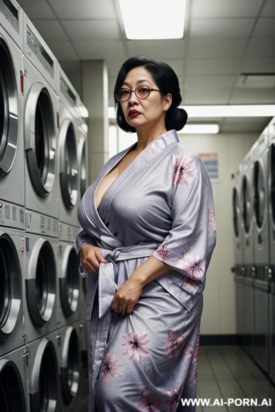 Asian lady ugly, wrinkles, old.showing cleavage. black lipstick, big ass showing. carrying dirty laundry. - ai-porn.ai on pornintellect.com