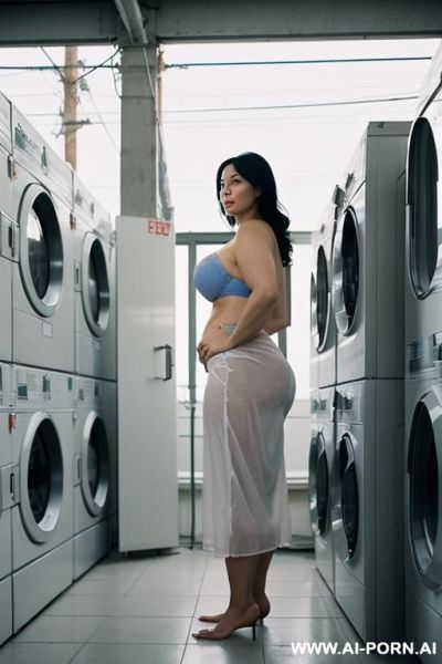 Asian lady ugly, wrinkles, old.showing cleavage. looking into washing machine. huge saggy boobs. - ai-porn.ai on pornintellect.com