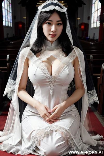 Pet collar, monstrous, (((lace veil ))), white clothes, many nun praying for goodness, kneeling, praying - ai-porn.ai on pornintellect.com