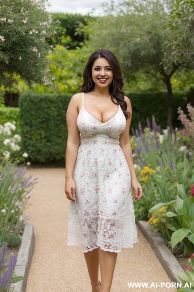 Busty latina woman, happy, smiling, wearing a sundress, in a garden - ai-porn.ai on pornintellect.com