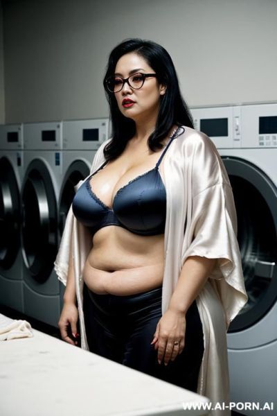 Asian lady ugly, wrinkles, old.wearing silk kimono showing cleavage. black lipstick, big ass showing. oily body. *carrying dirty laundry. - ai-porn.ai on pornintellect.com
