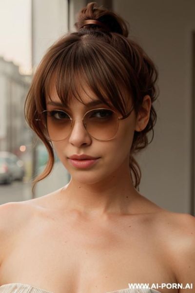 Move her hair off the shoulders and tied up behind her head like a ponytail. keep the hair the same but longer ponytail.. turn her body and head facing right. add sunglasses all circle frames with darker lenses and rose gold frame - ai-porn.ai on pornintellect.com