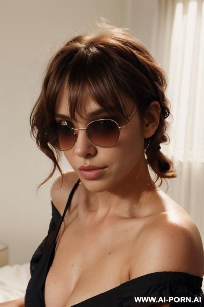 Move her hair off the shoulders and tied up behind her head like a ponytail. keep the hair the same but off the left shoulder.. turn her body and head facing right. add sunglasses circle frames with darker lenses and rose gold frame - ai-porn.ai on pornintellect.com