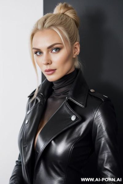 Supermodel, black leather blouse, black leather coat, red leather pants, cleavage, white background, direct eye contact with viewer. - ai-porn.ai on pornintellect.com