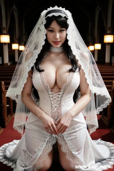 Pet collar, monstrous, (((lace veil ))), white clothes, many nun praying in background, kneeling, praying - ai-porn.ai on pornintellect.com