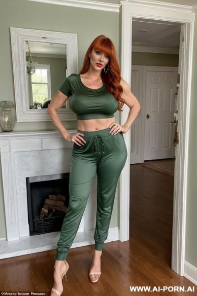 Sexy american milf, beautiful long ginger hair, bangs, gorgeous green eyes, pretty make up, huge full breasts, stunning face, pretty features, high cheek bones, red lips, full lips, toned body, - ai-porn.ai - Usa on pornintellect.com
