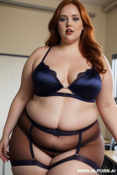 Half body photo shot close up, about at classroom. a ((british obese)) fat bbw redhead, thick with love handless and medium tummy. she is wearing a presumptuous and sensual ((silk and tapes)) - ai-porn.ai - Britain on pornintellect.com