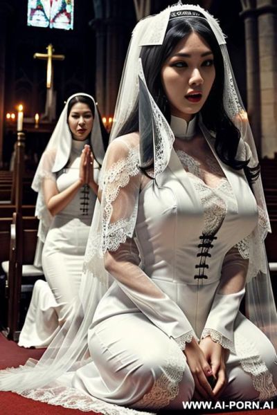 Pet collar, monstrous, (((lace veil ))), white clothes, many nun praying in background, kneeling, praying - ai-porn.ai on pornintellect.com