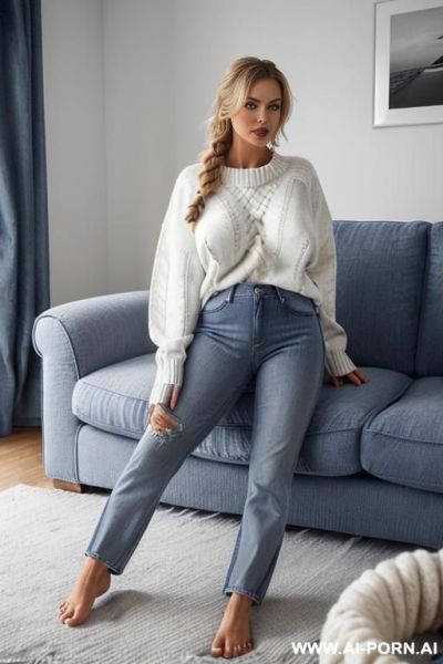 Sexy swedish woman, perfect body, ((curl on a grey sofa)), (((wearing bluejeans and a white oversize wool sweater))), ((bare feet)), - ai-porn.ai - Sweden on pornintellect.com