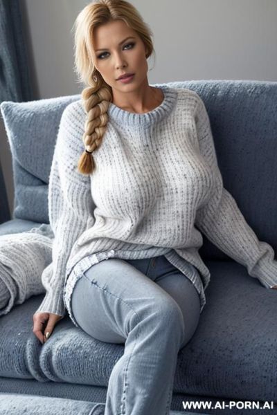 Sexy swedish woman, perfect body, ((laying on her side on a grey sofa)), (((wearing bluejeans and a white oversize wool sweater))), ((bare feet)), - ai-porn.ai - Sweden on pornintellect.com