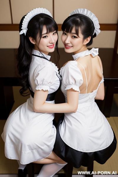 Maid cafe, maid uniform, white frilled headpiece, white apron with black bow, black short-sleeve dress, 1woman, multiple s, many womans, 1, clothed female, sitting on lap, facing another, ass, - ai-porn.ai on pornintellect.com