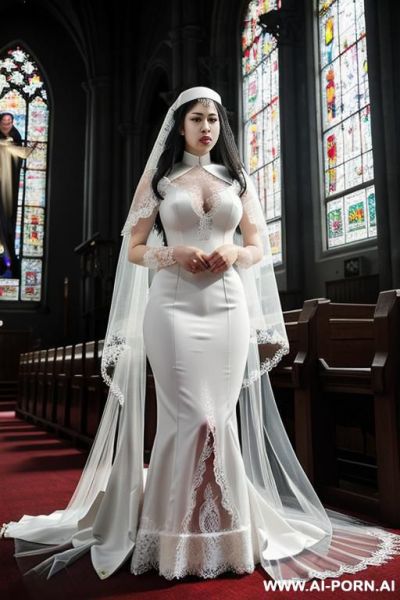 Pet collar, monstrous, (((lace veil ))), white lace clothes, many nun praying in background, kneeling, praying - ai-porn.ai on pornintellect.com