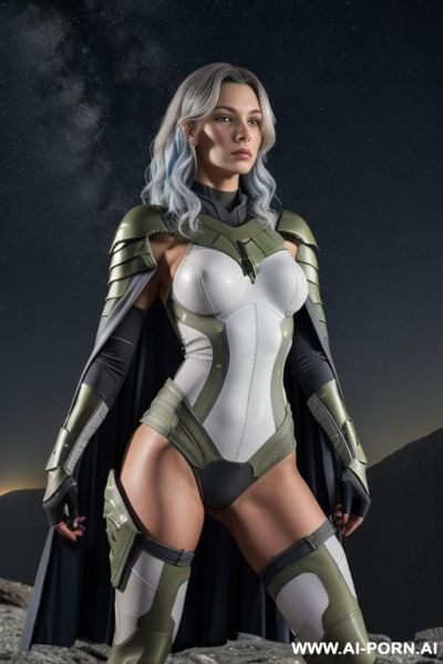 Space aegis woman, sinewy athletic body, ((nude breasts)), (((white-gray skin))), (elegant sharp boobs), dominant woman, proud body pose, (elegant shape), front view, (eye contact), sharp face, brave - ai-porn.ai on pornintellect.com