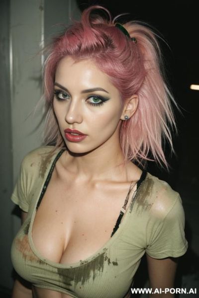 1woman, 20 years old, pink and green messy hair, t-shirt, piercing in the nose, busty body, - ai-porn.ai on pornintellect.com