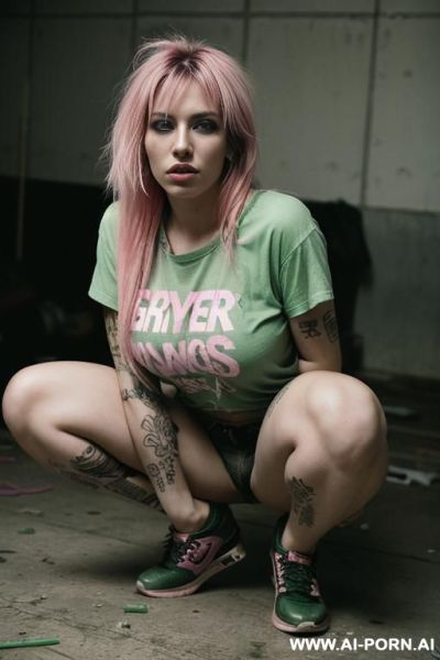 1woman, 20 years old, pink and green messy hair, t-shirt, piercing in the nose, busty body, squatting, tattoos on the body, - ai-porn.ai on pornintellect.com