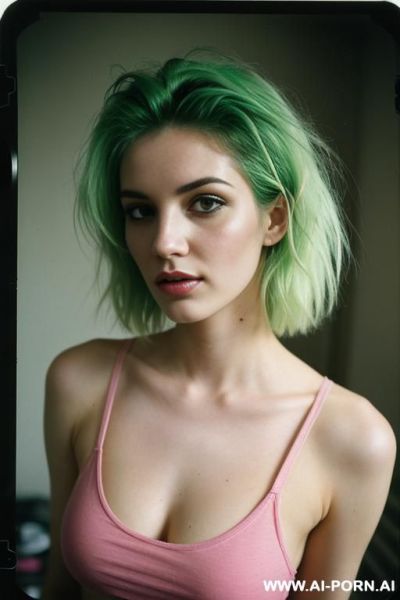 1woman, 20 years old, pink and green messy hair, t-shirt, - ai-porn.ai on pornintellect.com
