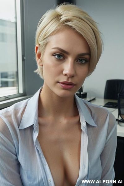 A very -skinned woman, short pixie blonde hairs, in an indecently unbuttoned shirt openly looks at the camera, in the office - ai-porn.ai on pornintellect.com