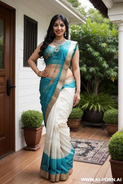 Saree, bordered blouse, saree covering side blouse, soft arms, nice soft back, ((narrow waist)), standings tits, ((wide hips)), nice legs, big ass, round ass, full body view, high heels, necklace, standing, ultra realistic , south indian tan - ai-porn.ai - India on pornintellect.com