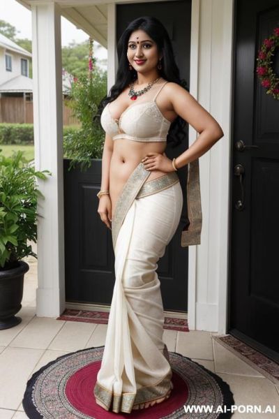 Saree, bordered blouse, saree covering side blouse, soft arms, nice soft back, ((narrow waist)), standings tits, ((wide hips)), nice legs, big ass, round ass, full body view, high heels, necklace, standing - ai-porn.ai on pornintellect.com