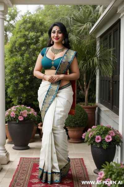 Saree, bordered blouse, saree covering side blouse, soft arms, nice soft back, ((narrow waist)), standings tits, ((wide hips)), nice legs, big ass, round ass, full body view, high heels, necklace, standing, ultra realistic , middle eastern skin - ai-porn.ai on pornintellect.com