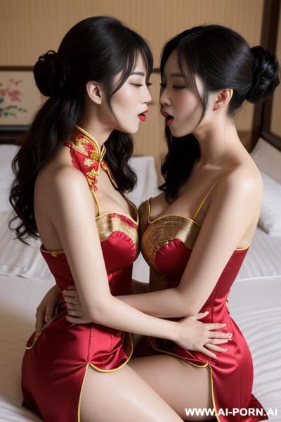 Singer, chinese dress, a very beautiful women fingering on bed, medium dress, hugging each other, french kiss - ai-porn.ai - China - France on pornintellect.com