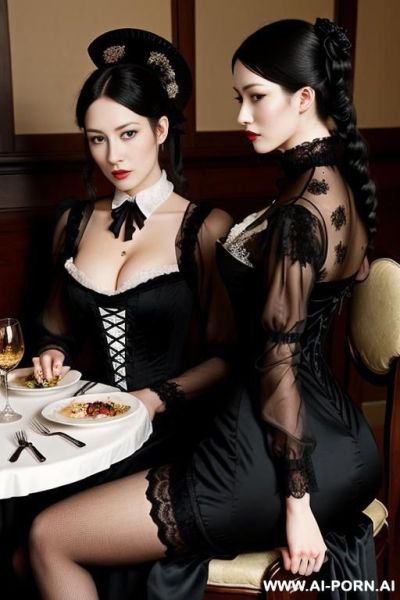 Victorian style, qeen, goth dress, lace dress , eating - ai-porn.ai on pornintellect.com