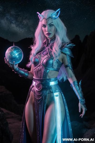 Space wizard, looking at viewer, (eye contact), front view, finely detail, majestic view, ultra detailed face, highly detailed skin, highly detailed hands, tall athletic body, ((white colored shiny - ai-porn.ai on pornintellect.com