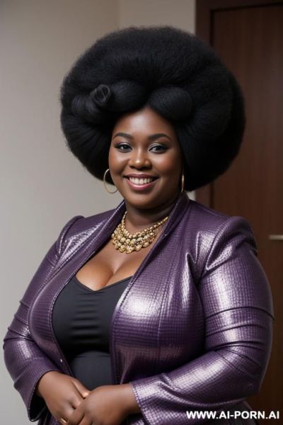 Make a chubby african woman of about 0 years old, wide and big black belly, wearing a purple bottoned and soft jacket. big afro hairstyle, smiling to the camera and by arms crossed, extremely giant massive fat boobs covering her crossed arms - ai-porn.ai on pornintellect.com